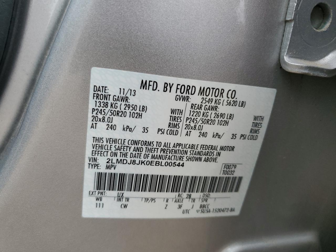 2014 Lincoln Mkx VIN: 2LMDJ8JK0EBL00544 Lot: 60845155