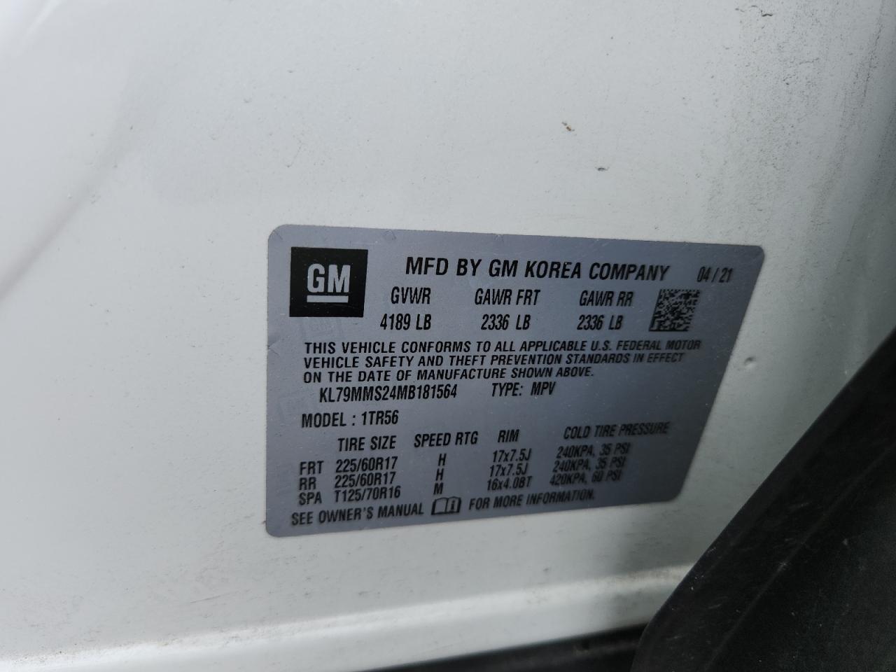 2021 Chevrolet Trailblazer Ls VIN: KL79MMS24MB181564 Lot: 60096455