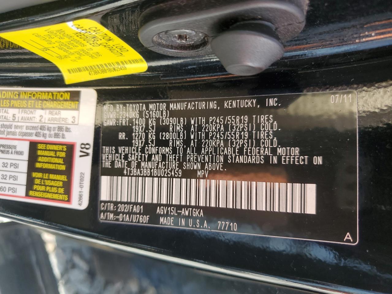 2011 Toyota Venza VIN: 4T3BA3BB1BU025459 Lot: 62300755