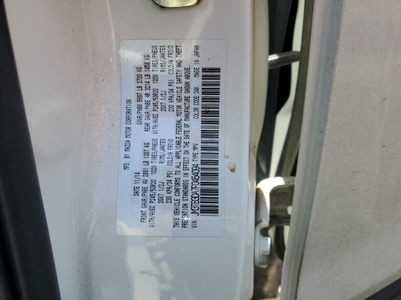 2015 Mazda Cx-9 Grand Touring VIN: JM3TB3DA7F0454094 Lot: 61757035