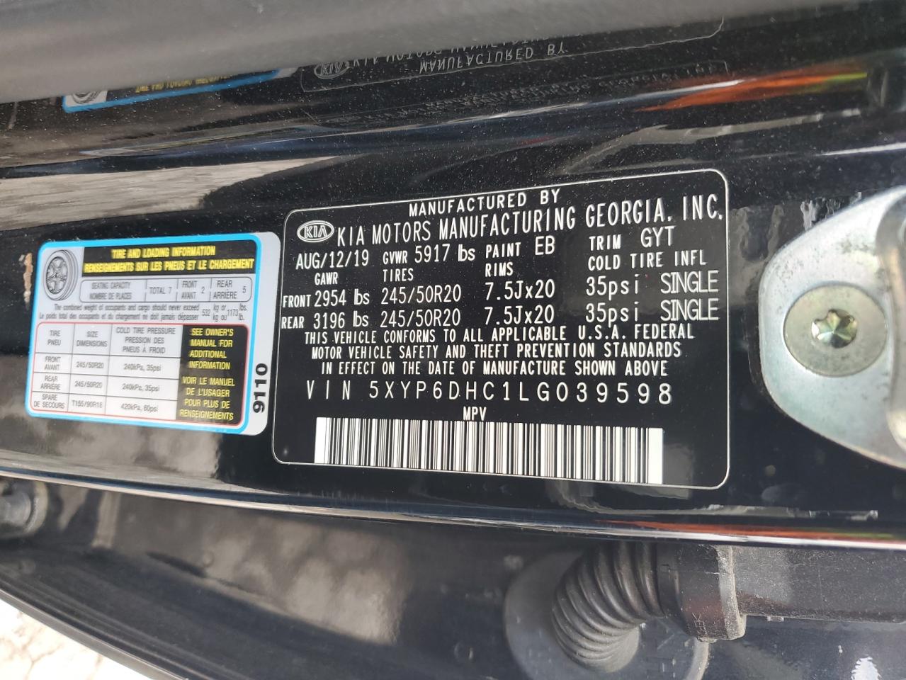 2020 Kia Telluride S VIN: 5XYP6DHC1LG039598 Lot: 59709515
