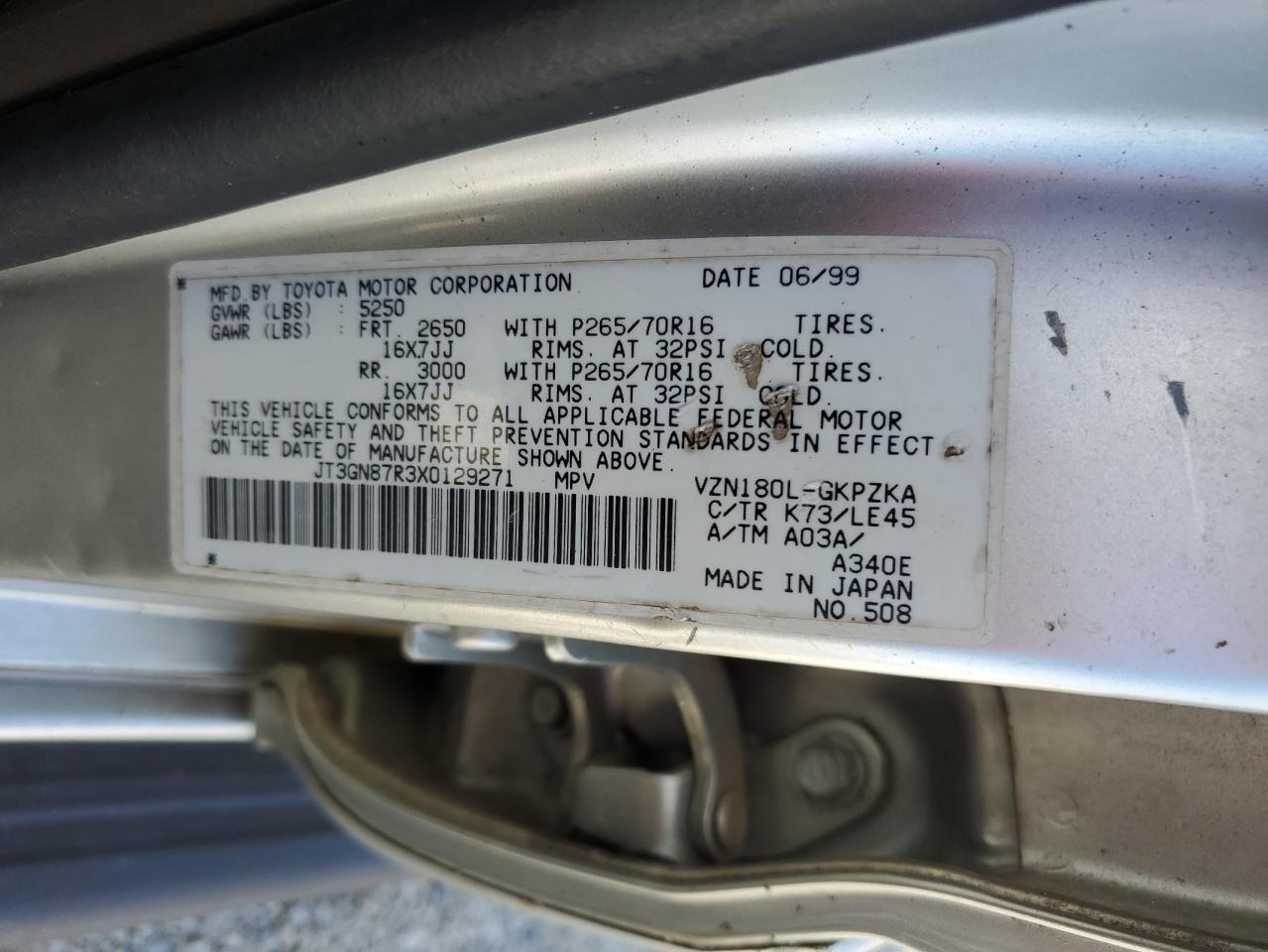 1999 Toyota 4Runner Limited VIN: JT3GN87R3X0129271 Lot: 61110555