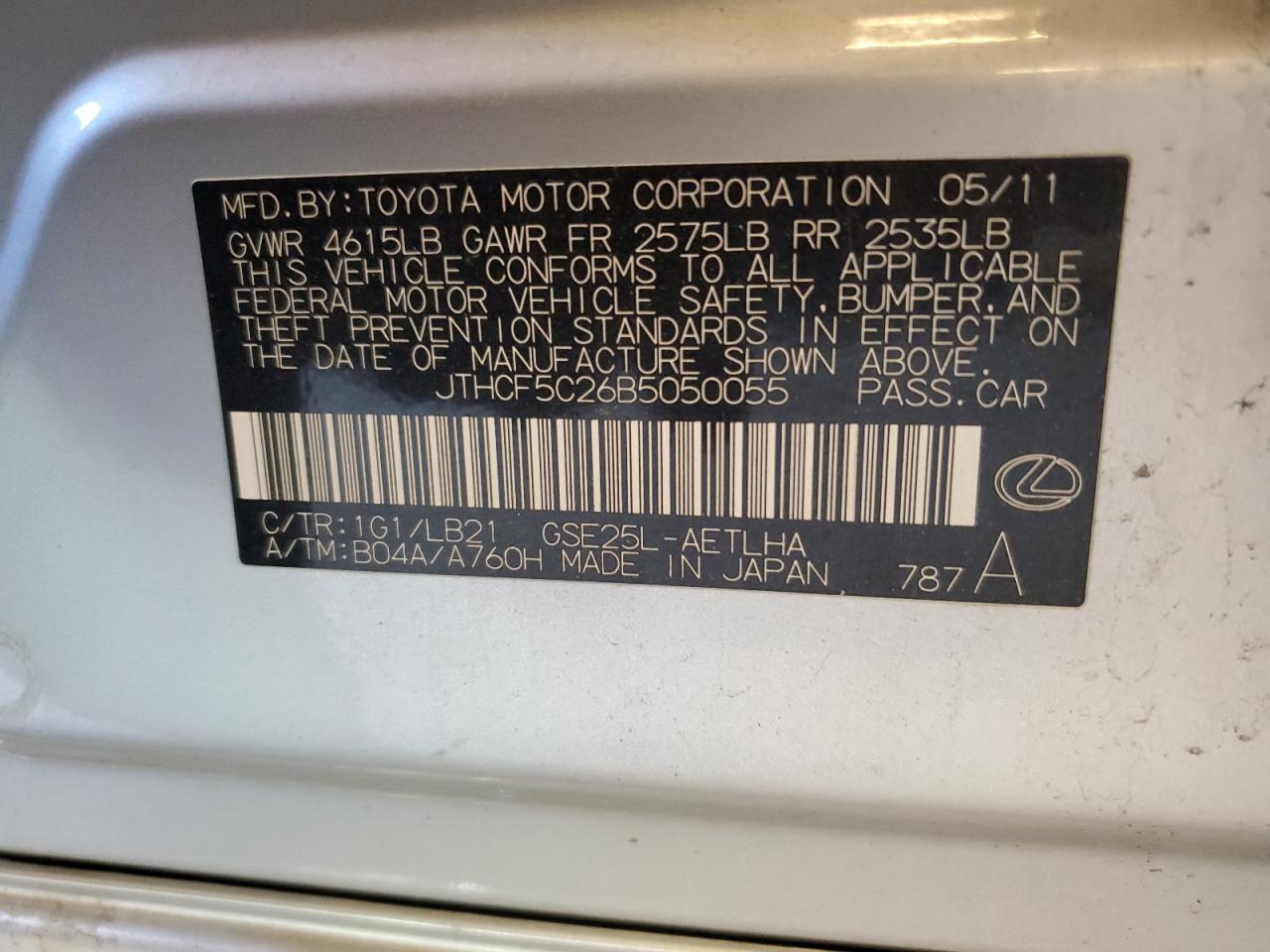 2011 Lexus Is 250 VIN: JTHCF5C26B5050055 Lot: 61344325