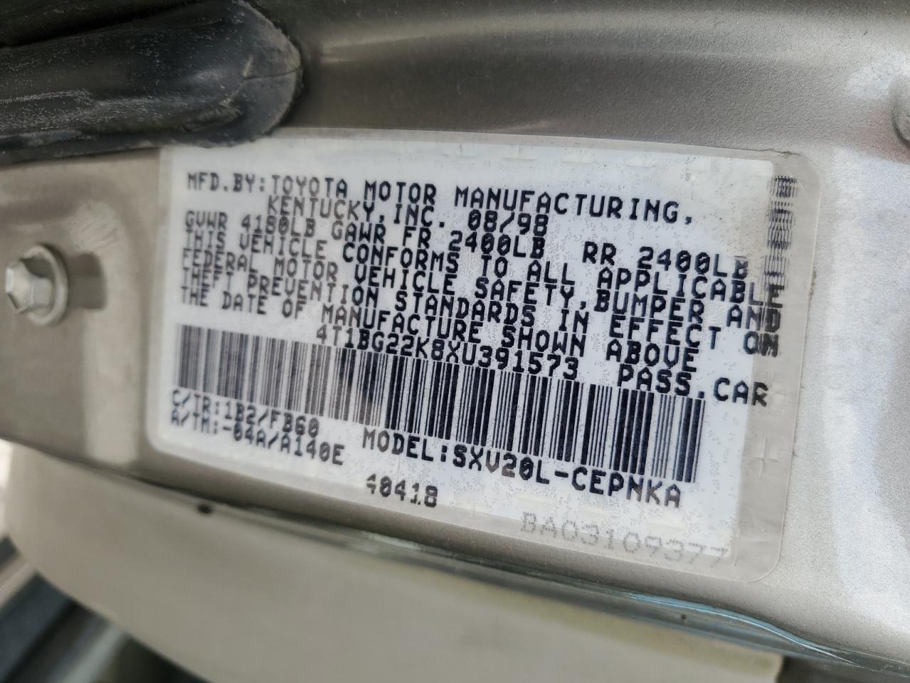 1999 Toyota Camry Ce VIN: 4T1BG22K8XU391573 Lot: 60643835