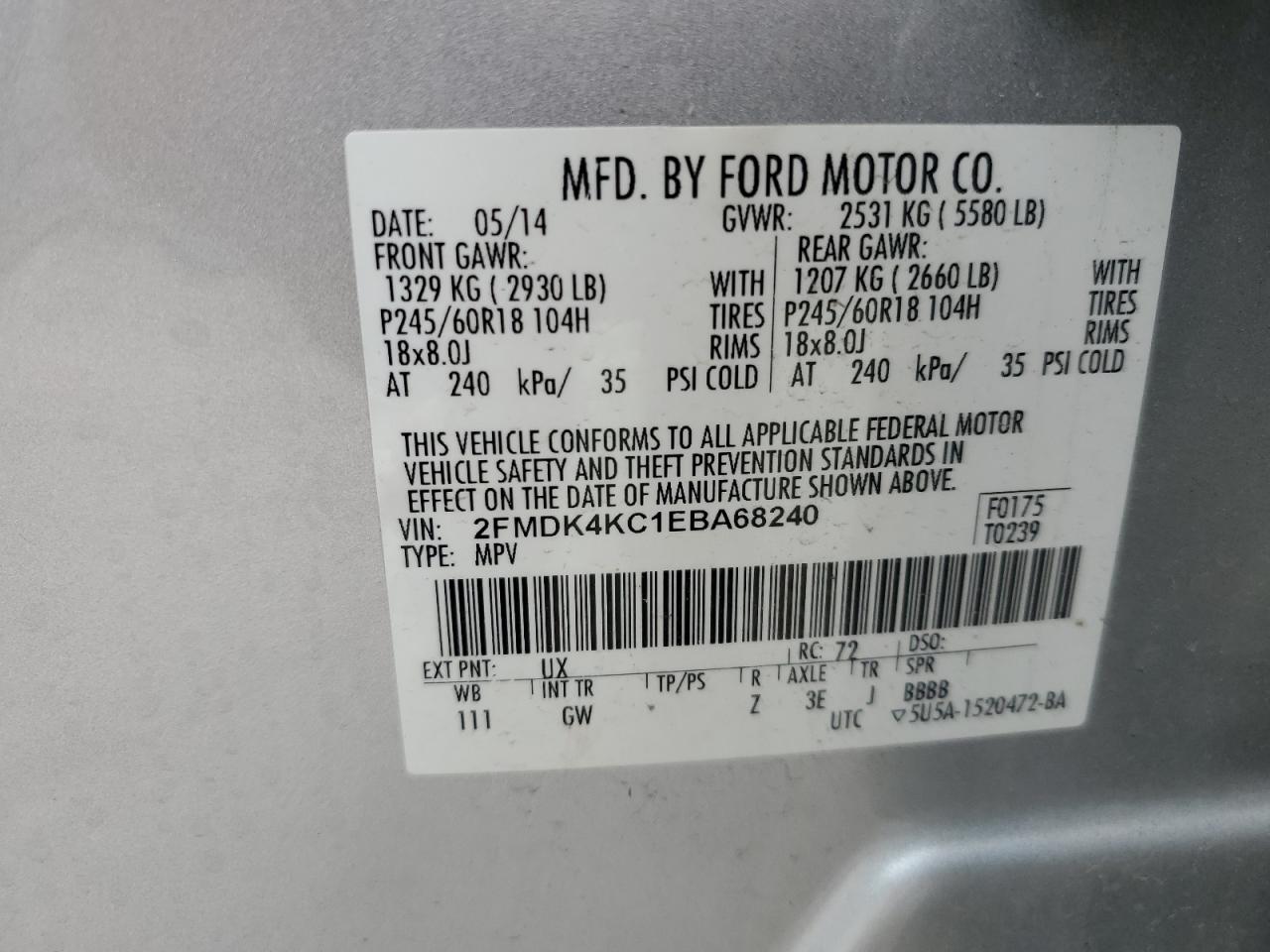 2014 Ford Edge Limited VIN: 2FMDK4KC1EBA68240 Lot: 60952375