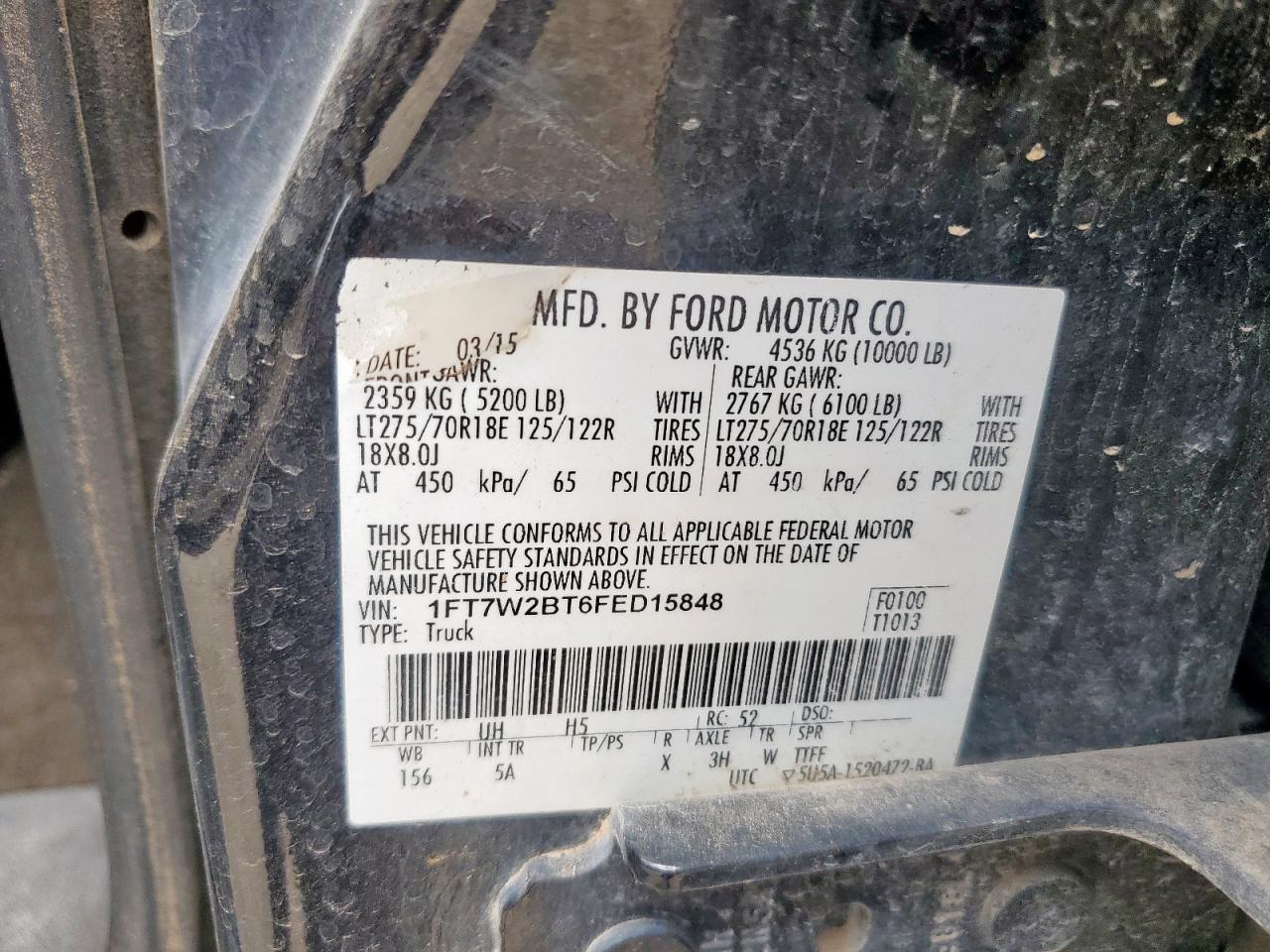2015 Ford F250 Super Duty VIN: 1FT7W2BT6FED15848 Lot: 60040595