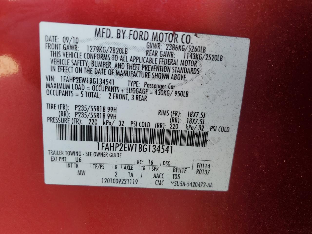 2011 Ford Taurus Sel VIN: 1FAHP2EW1BG134541 Lot: 62922105