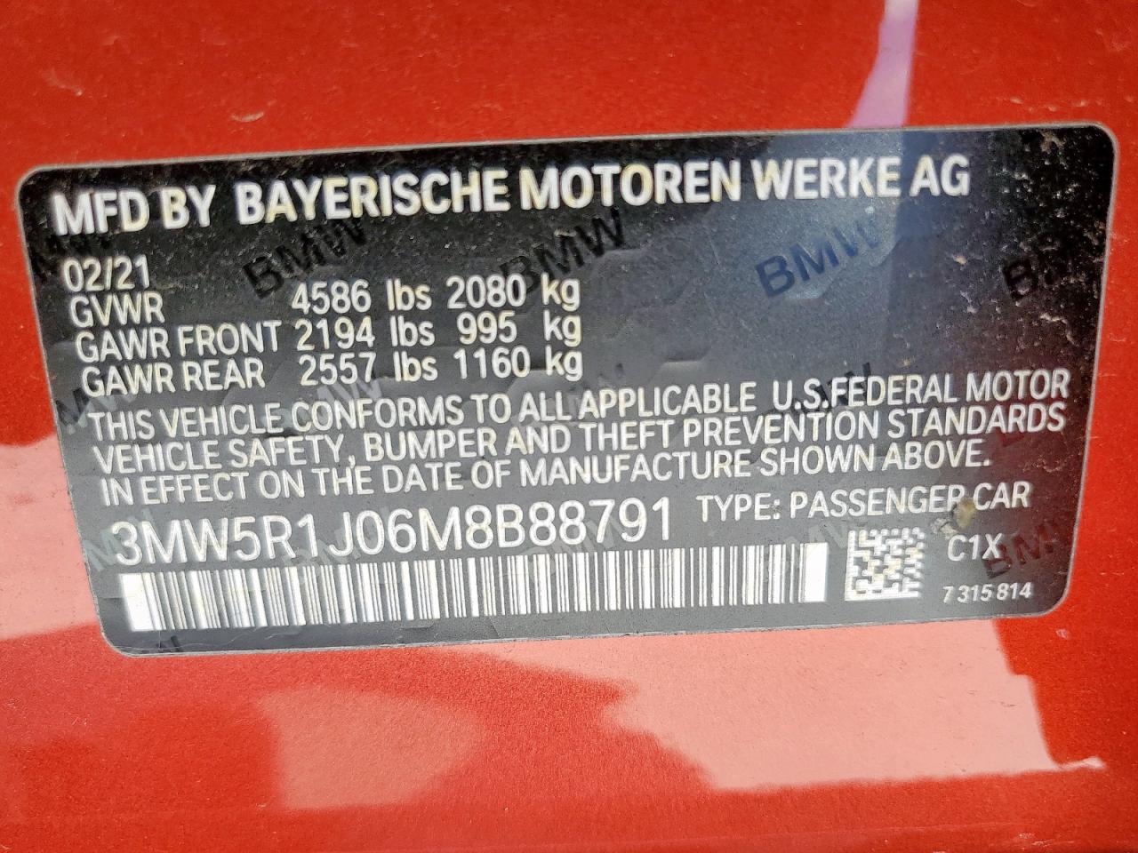 2021 BMW 330I VIN: 3MW5R1J06M8B88791 Lot: 62123795