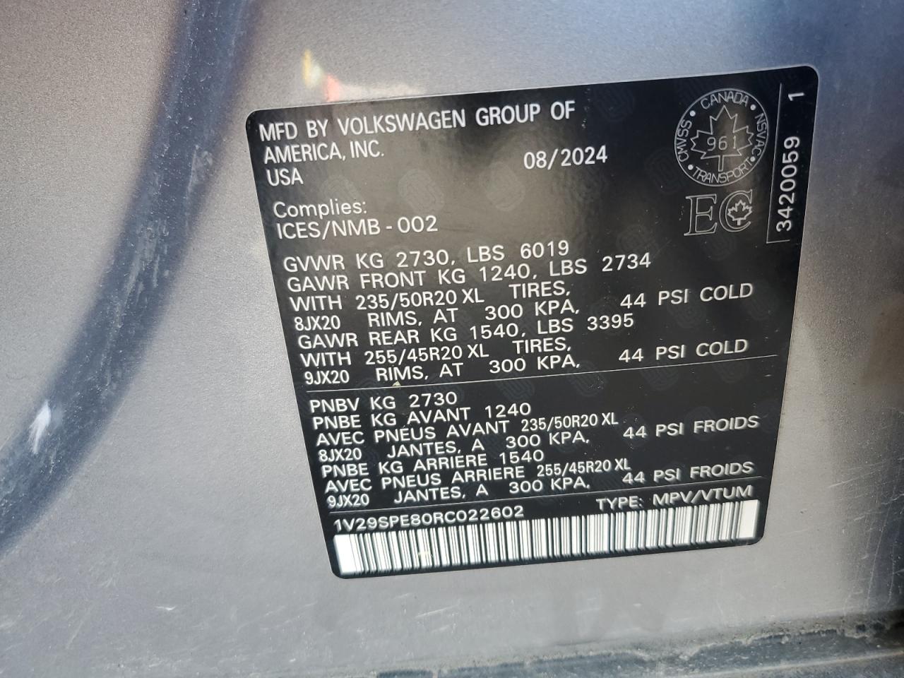 2024 Volkswagen Id.4 Pro S VIN: 1V29SPE80RC022602 Lot: 60706365
