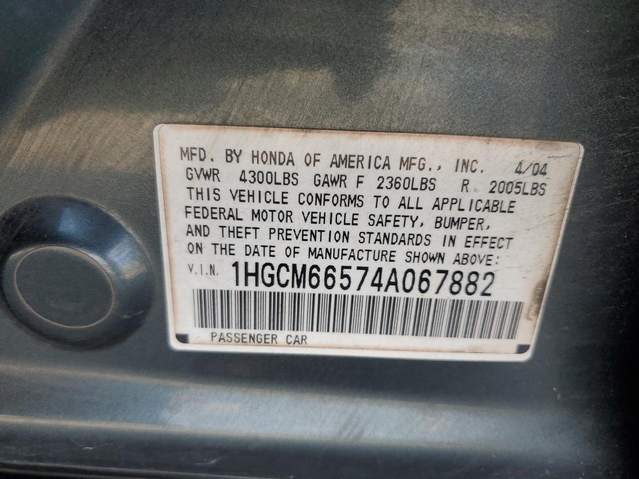 2004 Honda Accord Ex VIN: 1HGCM66574A067882 Lot: 59370475