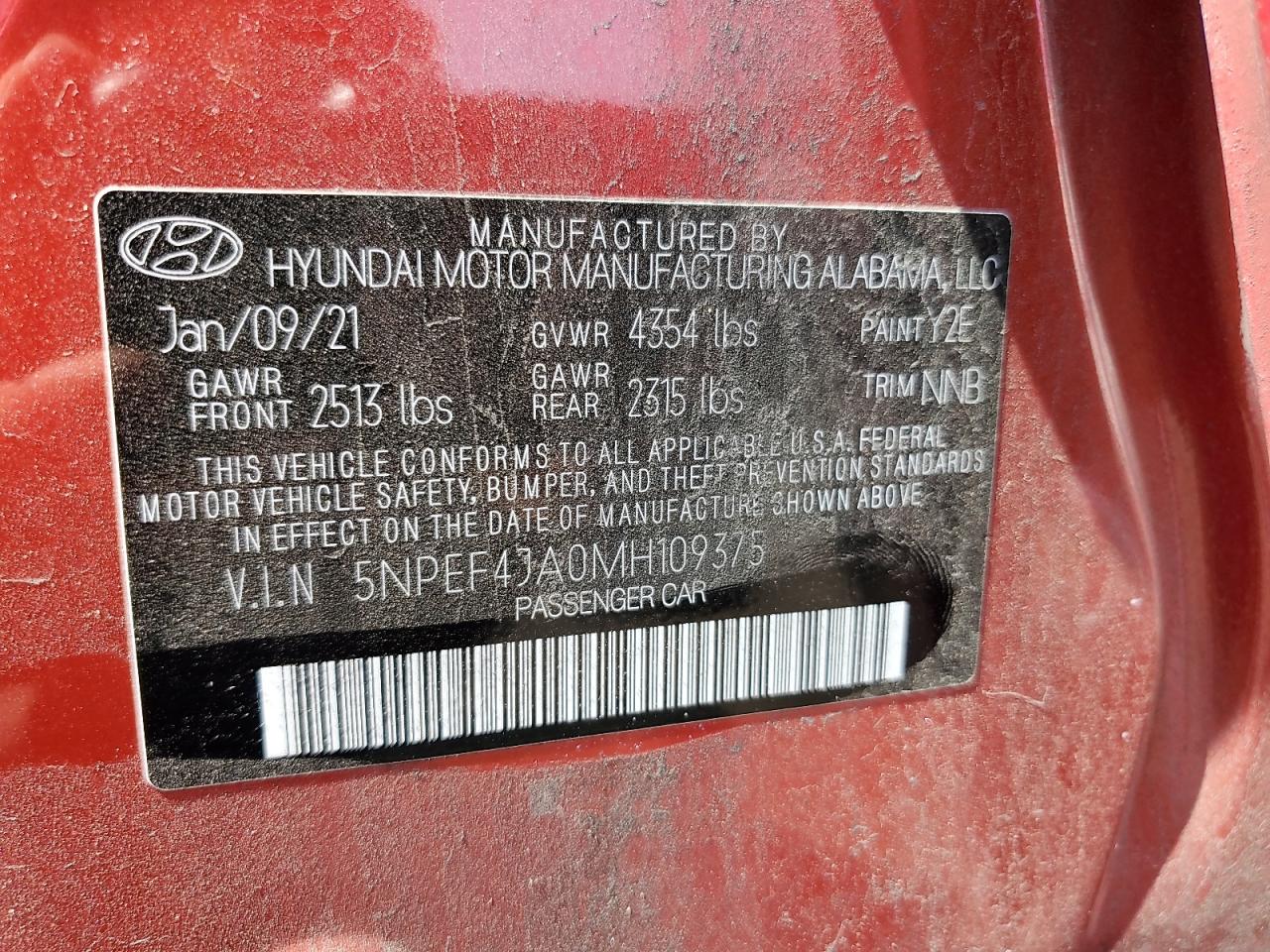 2021 Hyundai Sonata Sel VIN: 5NPEF4JA0MH109375 Lot: 62258905