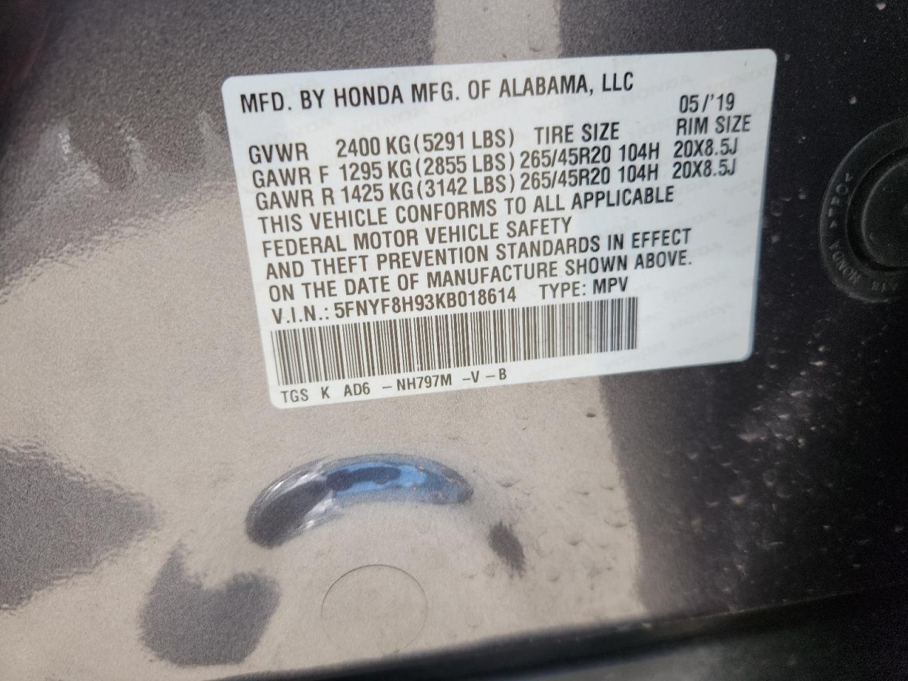 2019 Honda Passport Touring VIN: 5FNYF8H93KB018614 Lot: 60884775