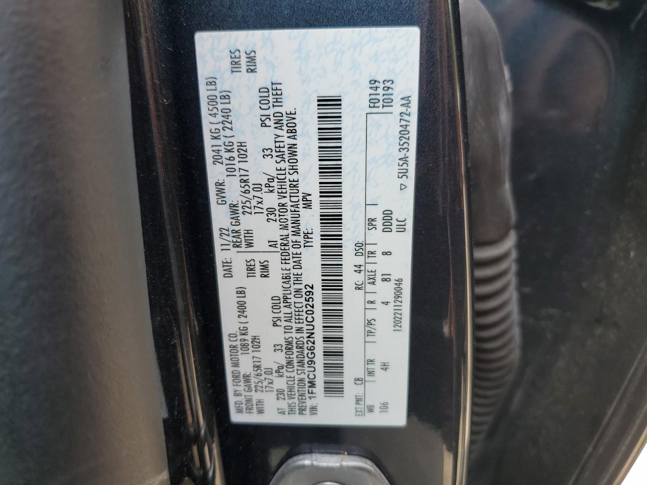 2022 Ford Escape Se VIN: 1FMCU9G62NUC02592 Lot: 61613325