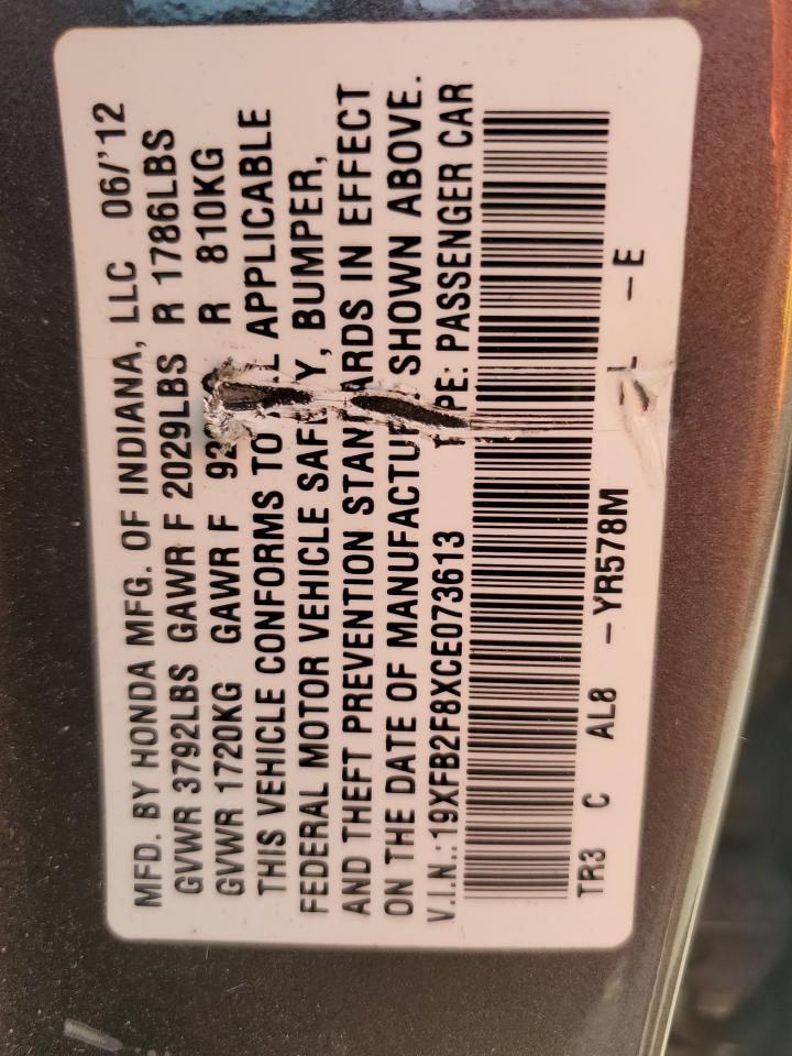 2012 Honda Civic Ex VIN: 19XFB2F8XCE073613 Lot: 61108835