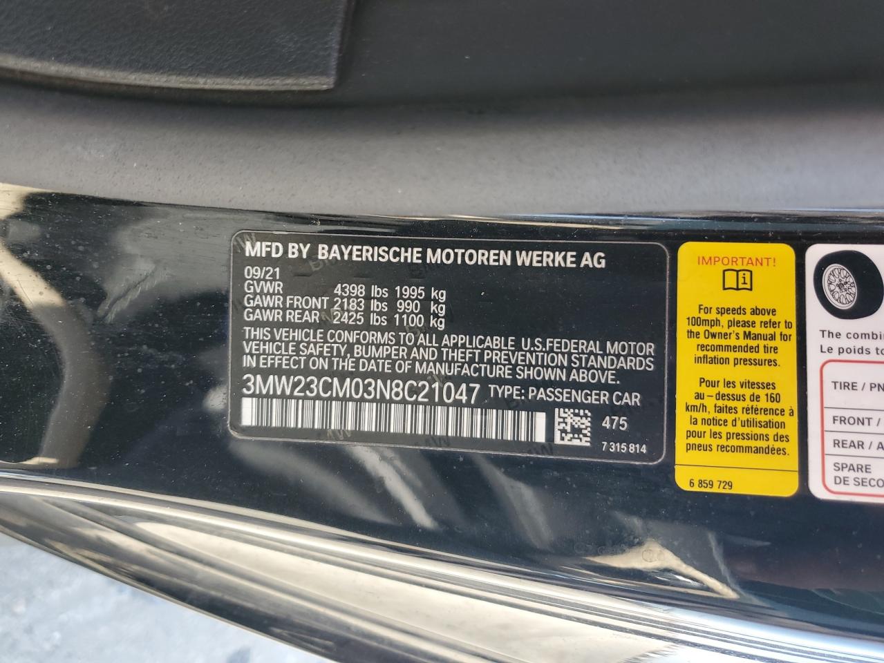 2022 BMW 230I VIN: 3MW23CM03N8C21047 Lot: 60515965