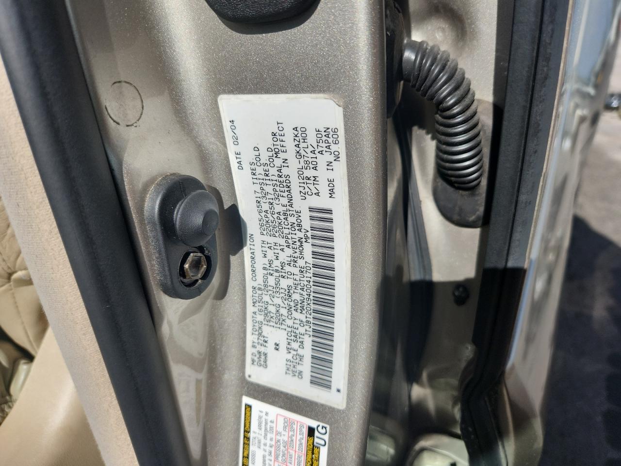2004 Lexus Gx 470 VIN: JTJBT20X940041707 Lot: 62576355