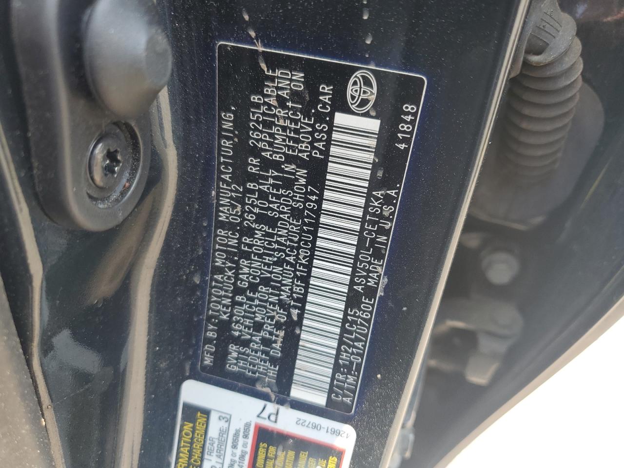 2012 Toyota Camry Base VIN: 4T1BF1FK0CU117947 Lot: 59615695