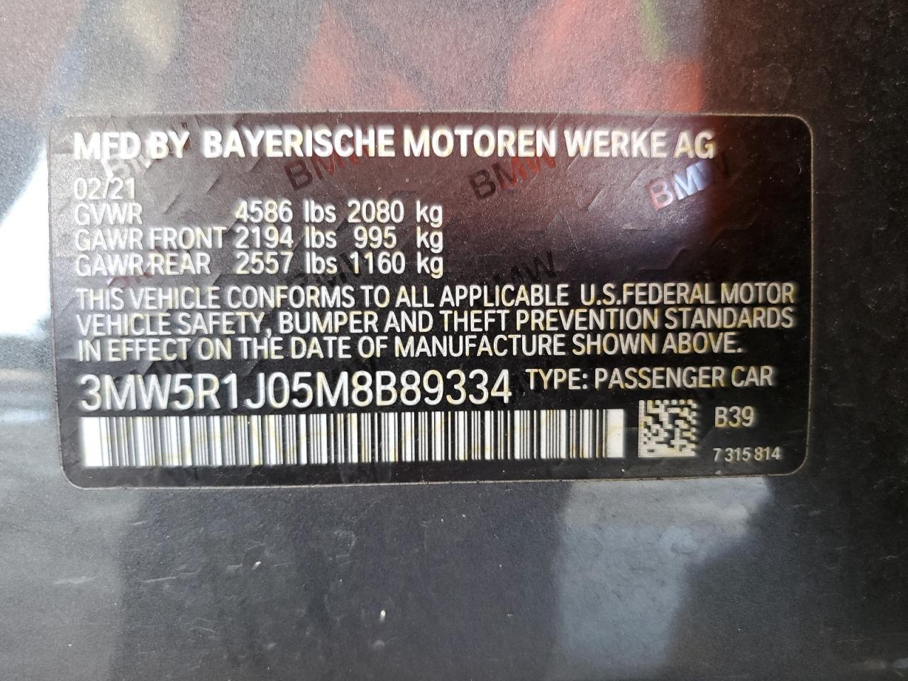 2021 BMW 330I VIN: 3MW5R1J05M8B89334 Lot: 61743965