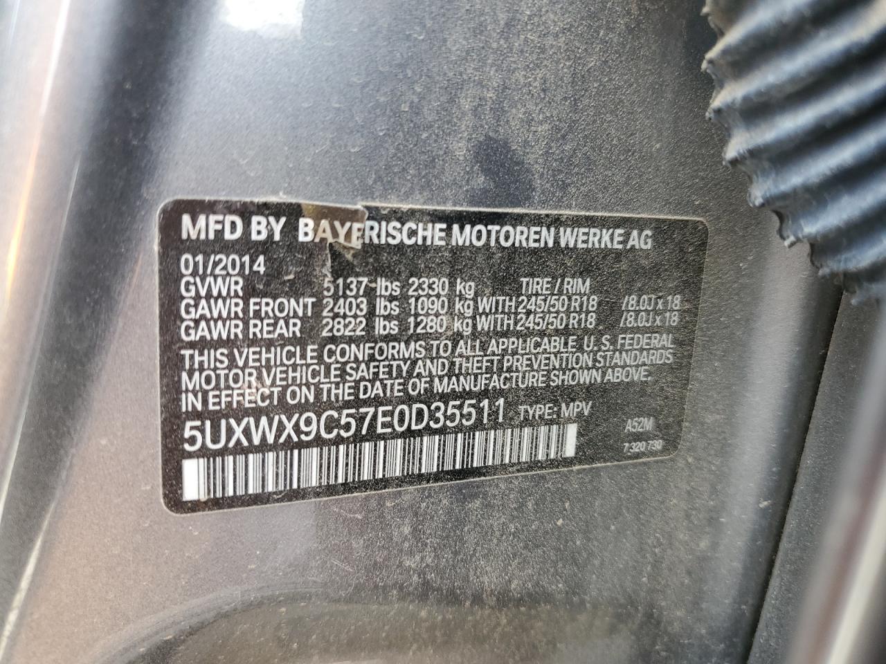 2014 BMW X3 xDrive28I VIN: 5UXWX9C57E0D35511 Lot: 61232975