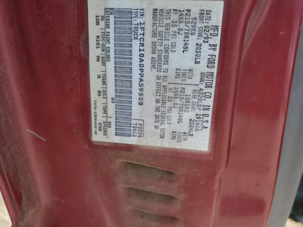 1993 Ford Ranger VIN: 1FTCR10A0PPA59505 Lot: 59911615