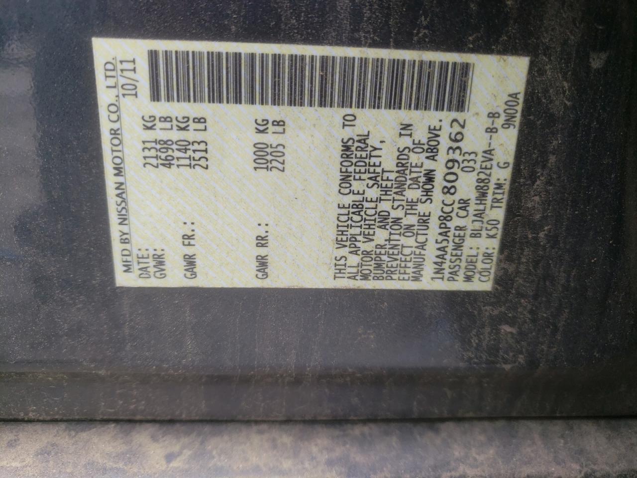 2012 Nissan Maxima S VIN: 1N4AA5AP8CC809362 Lot: 59622245