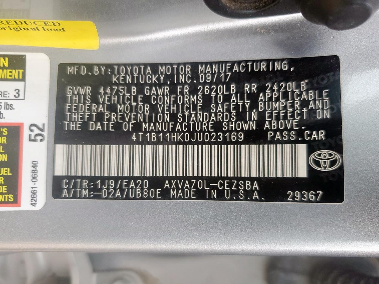 2018 Toyota Camry L VIN: 4T1B11HK0JU023169 Lot: 63199455