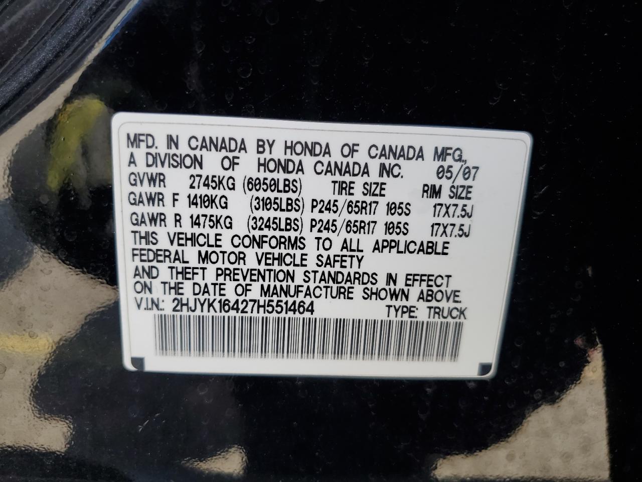 2007 Honda Ridgeline Rts VIN: 2HJYK16427H551464 Lot: 59814295