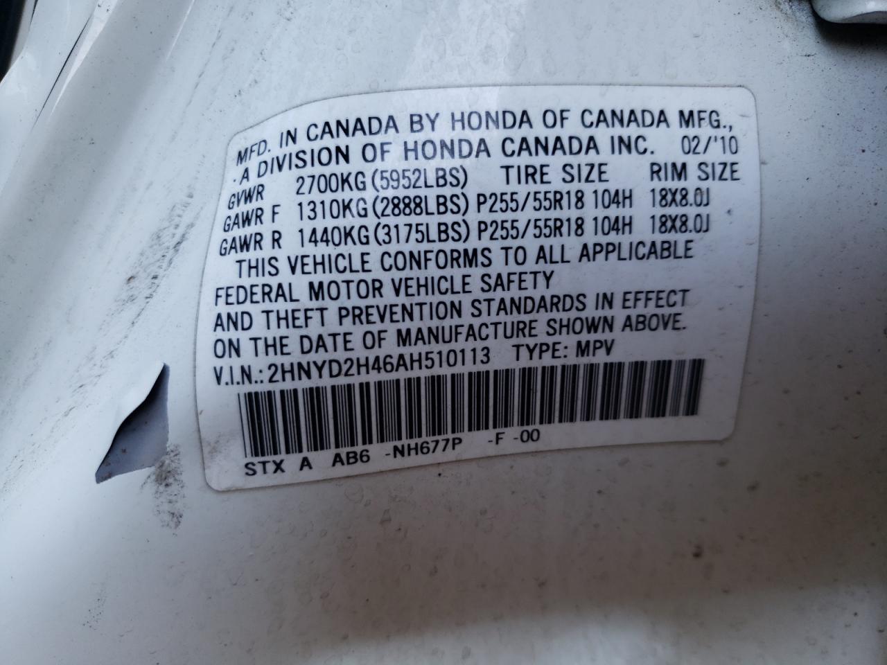 2010 Acura Mdx Technology VIN: 2HNYD2H46AH510113 Lot: 59907885
