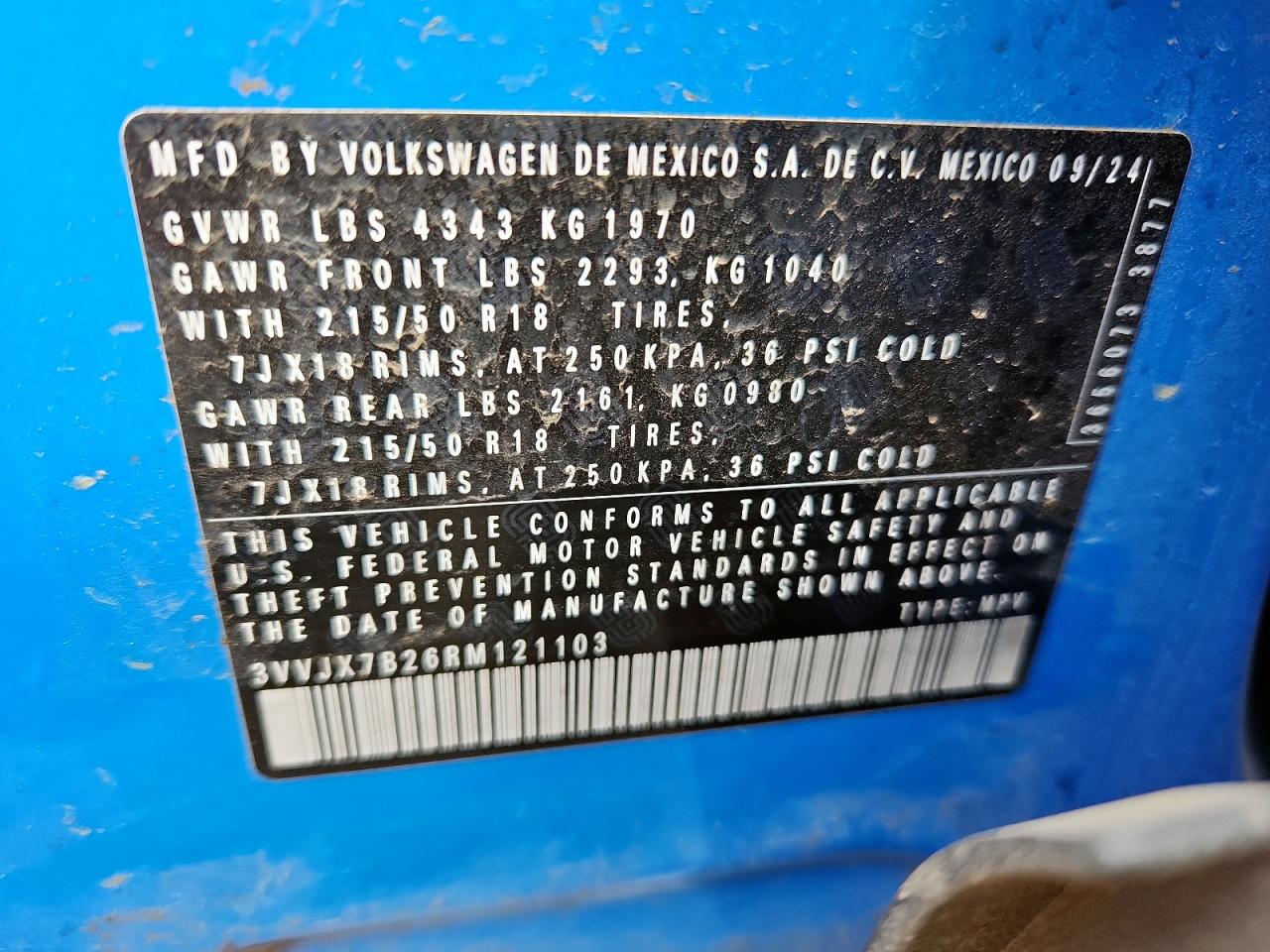 2024 Volkswagen Taos Se VIN: 3VVJX7B26RM121103 Lot: 62192015