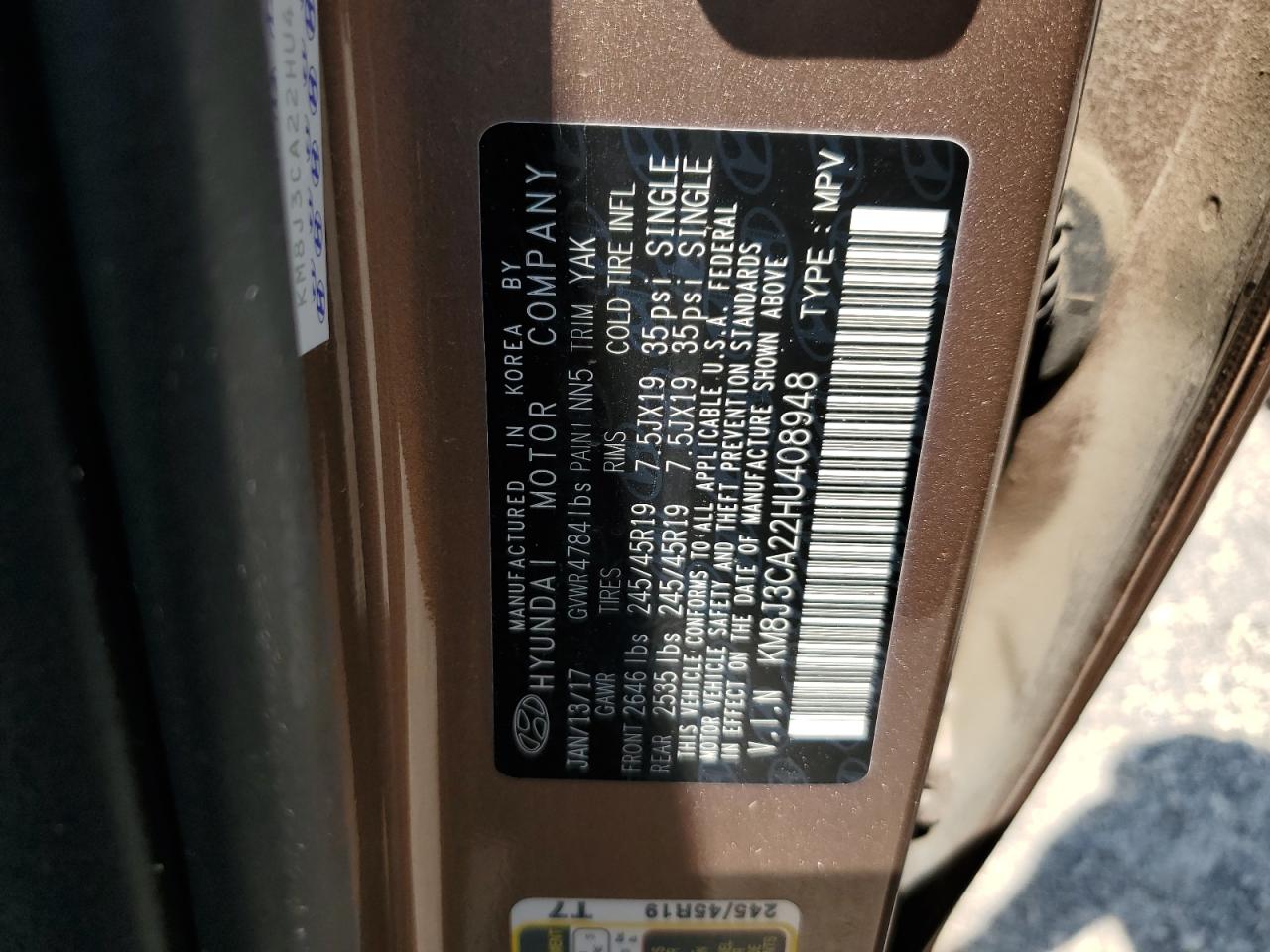 2017 Hyundai Tucson Limited VIN: KM8J3CA22HU408948 Lot: 59345185