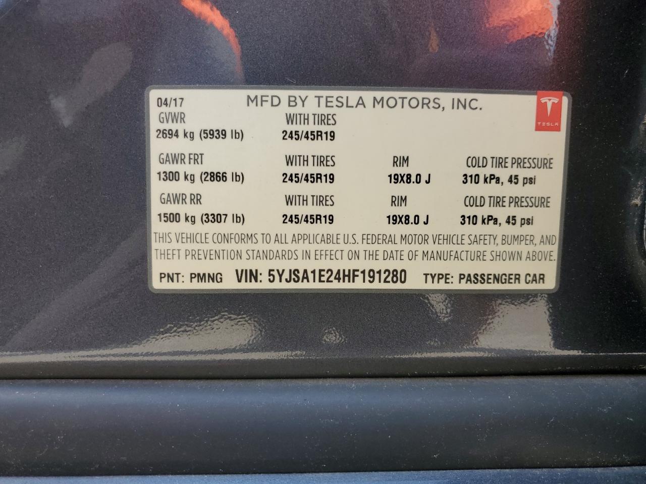 2017 Tesla Model S VIN: 5YJSA1E24HF191280 Lot: 62598095