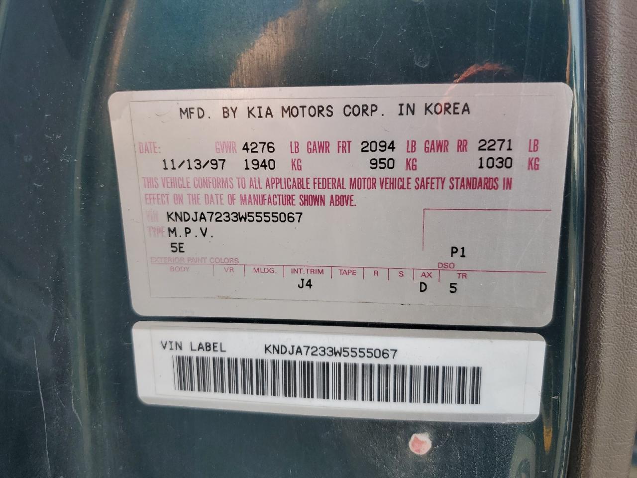 1998 Kia Sportage VIN: KNDJA7233W5555067 Lot: 62295655