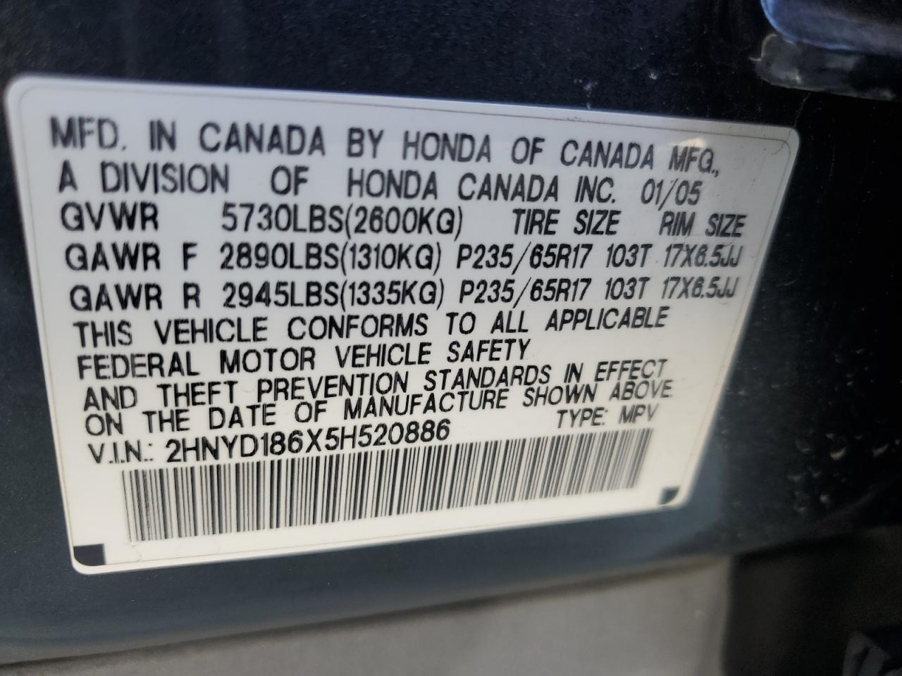 2005 Acura Mdx Touring VIN: 2HNYD186X5H520886 Lot: 61969445