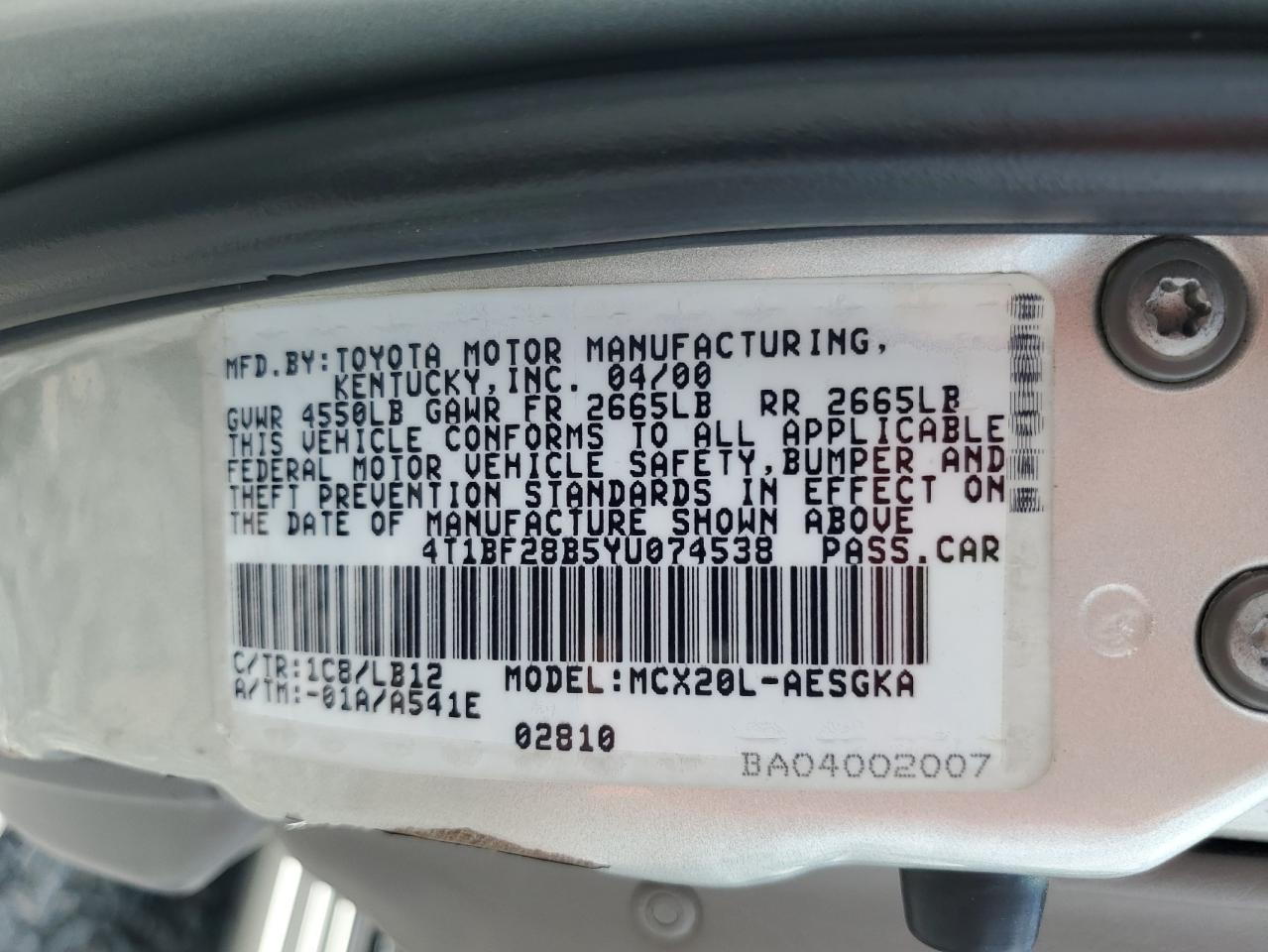 2000 Toyota Avalon Xl VIN: 4T1BF28B5YU074538 Lot: 59406425