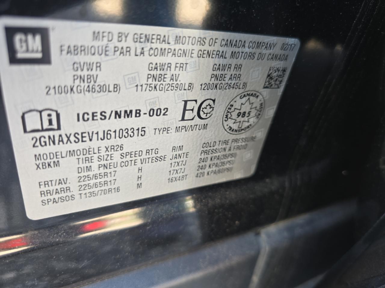 VIN: 2GNAXSEV1J6103315 2018 CHEVROLET EQUINOX