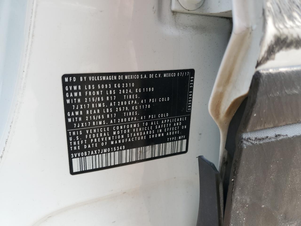 2018 Volkswagen Tiguan S VIN: 3VV0B7AX7JM015349 Lot: 70761085