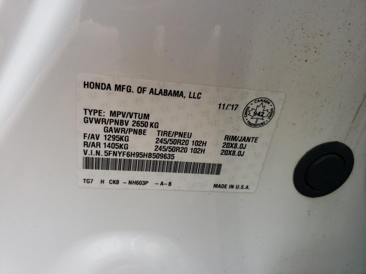 2017 Honda Pilot Touring VIN: 5FNYF6H95HB509635 Lot: 57074145