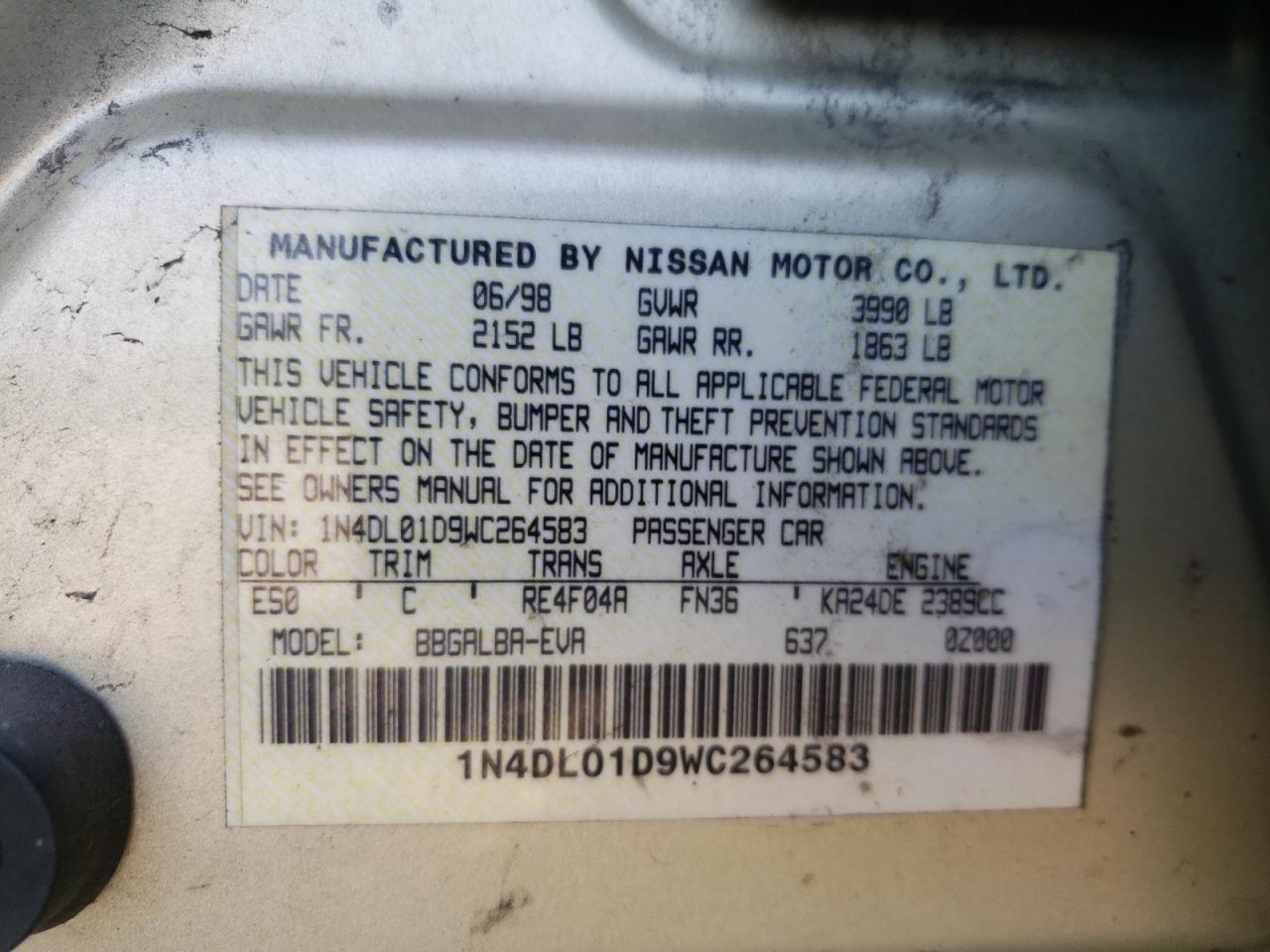 1998 Nissan Altima Xe VIN: 1N4DL01D9WC264583 Lot: 62111635