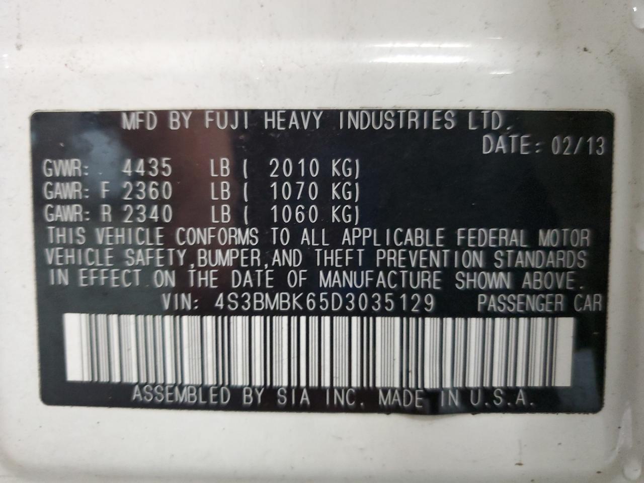2013 Subaru Legacy 2.5I Limited VIN: 4S3BMBK65D3035129 Lot: 61182825