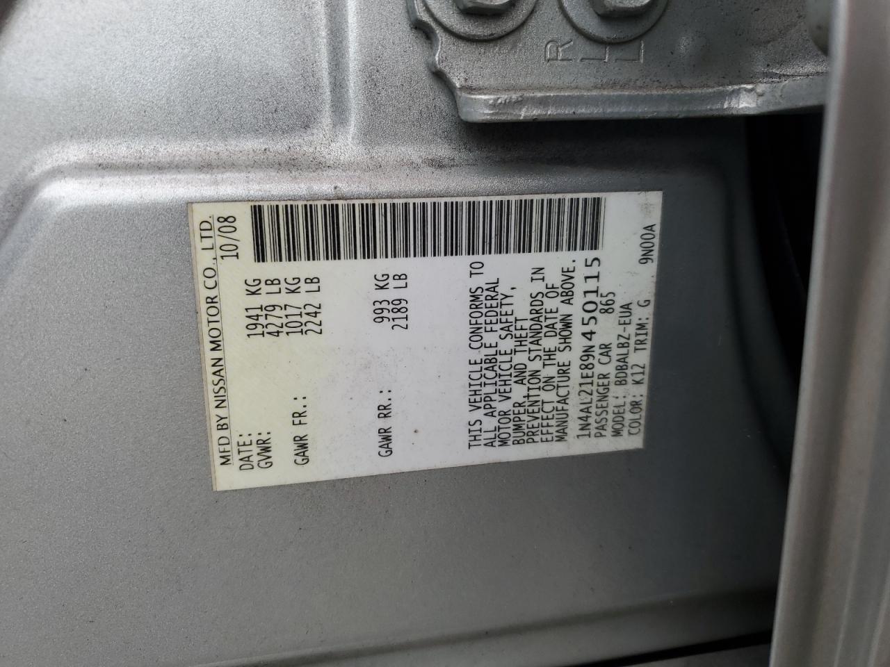 NISSAN ALTIMA 2009 VIN 1N4AL21E89N450115 фото 12