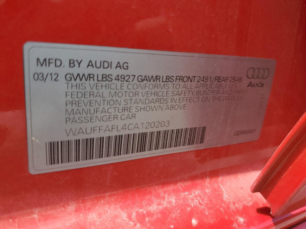 2012 Audi A4 Premium Plus VIN: WAUFFAFL4CA120203 Lot: 59369705