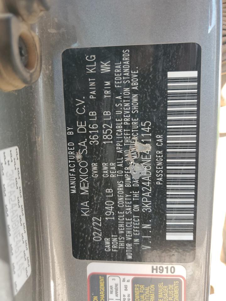 2022 Kia Rio Lx VIN: 3KPA24AD8NE461145 Lot: 62905355