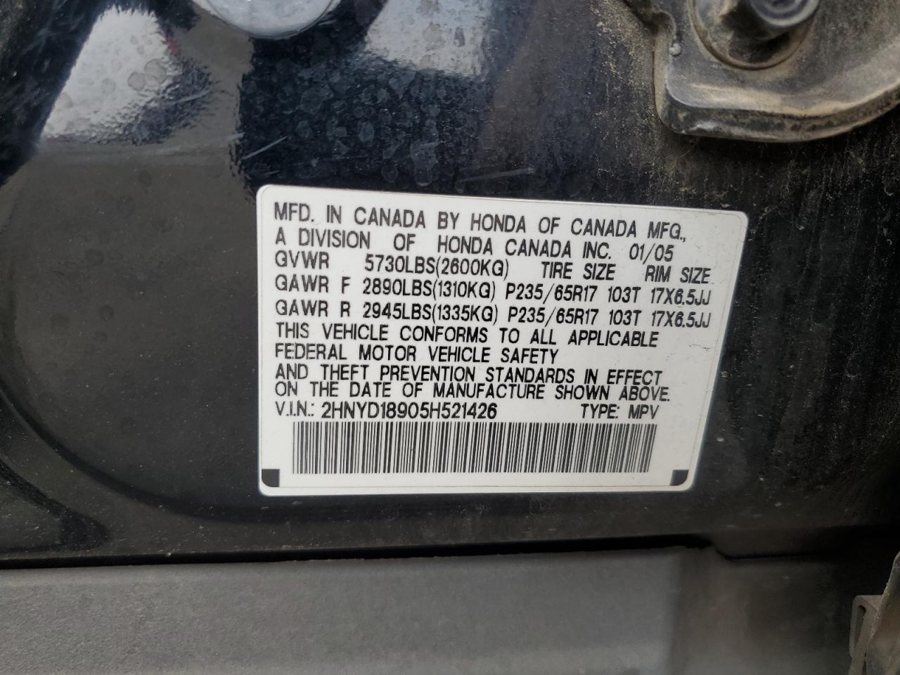2005 Acura Mdx Touring VIN: 2HNYD18905H521426 Lot: 62518125