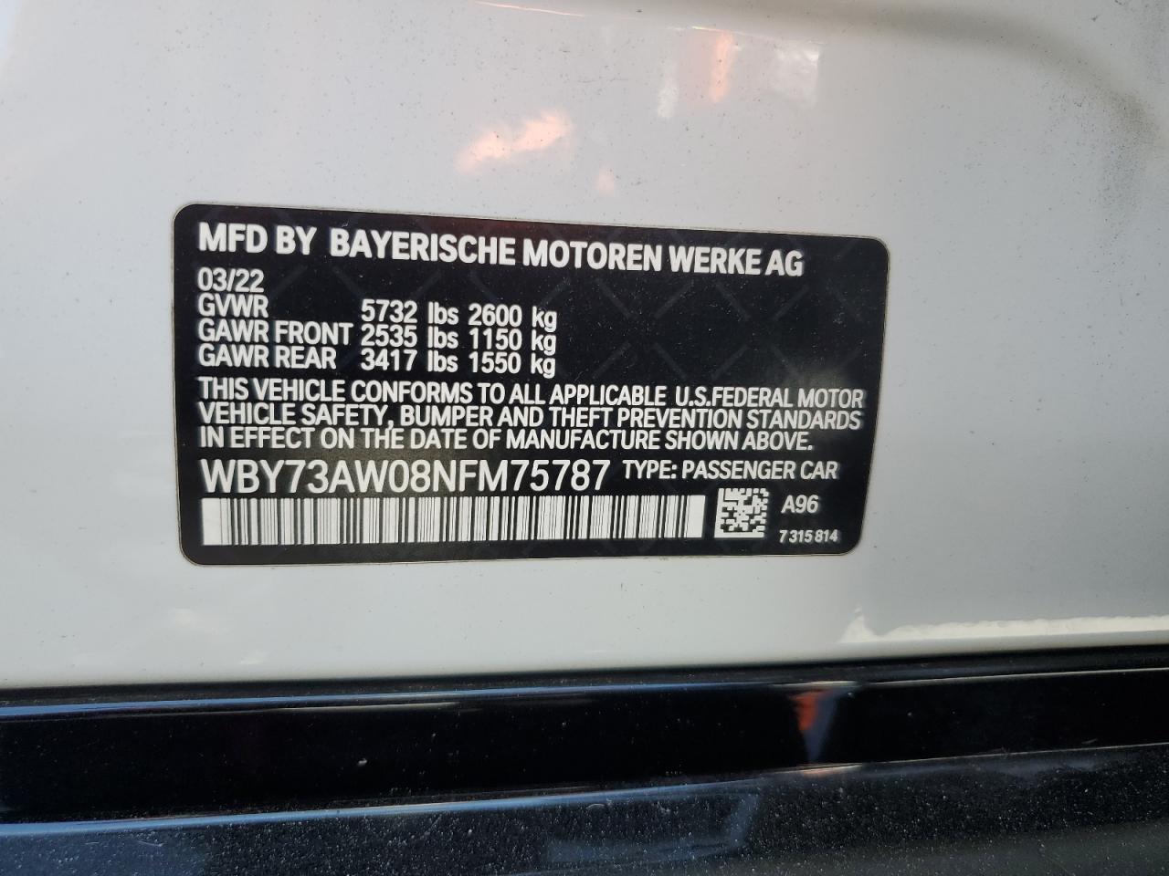 2022 BMW I4 Edrive 40 VIN: WBY73AW08NFM75787 Lot: 60339655