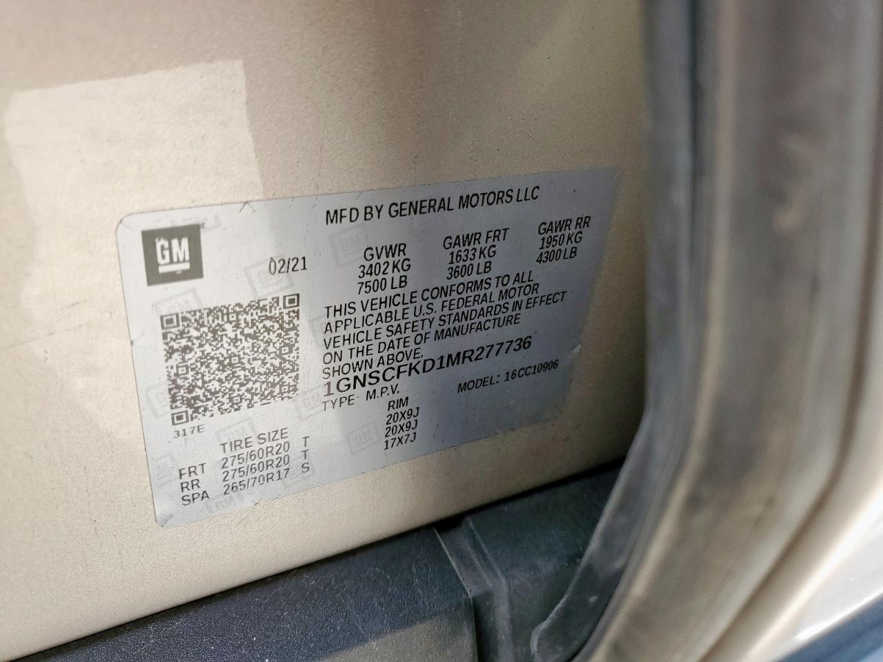 2021 Chevrolet Suburban C1500 Premier VIN: 1GNSCFKD1MR277736 Lot: 61593645