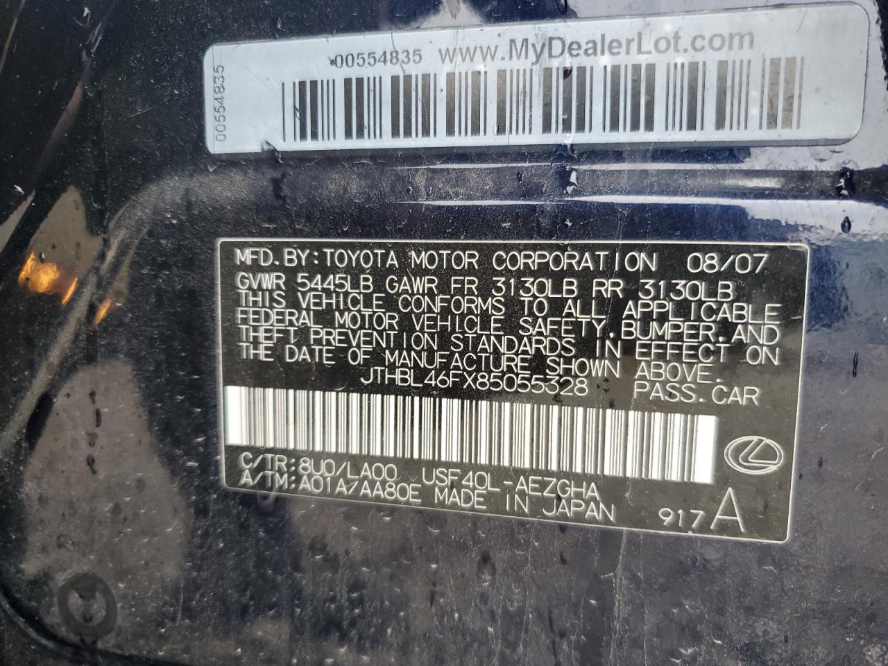 2008 Lexus Ls 460 VIN: JTHBL46FX85055328 Lot: 59573745