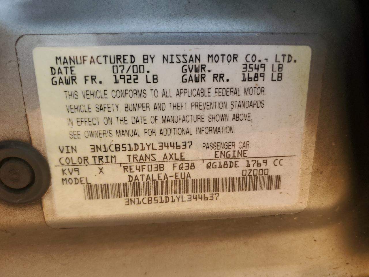 2000 Nissan Sentra Base VIN: 3N1CB51D1YL344637 Lot: 61230975