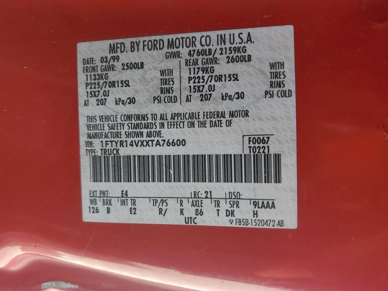 1999 Ford Ranger Super Cab VIN: 1FTYR14VXXTA76600 Lot: 61766735