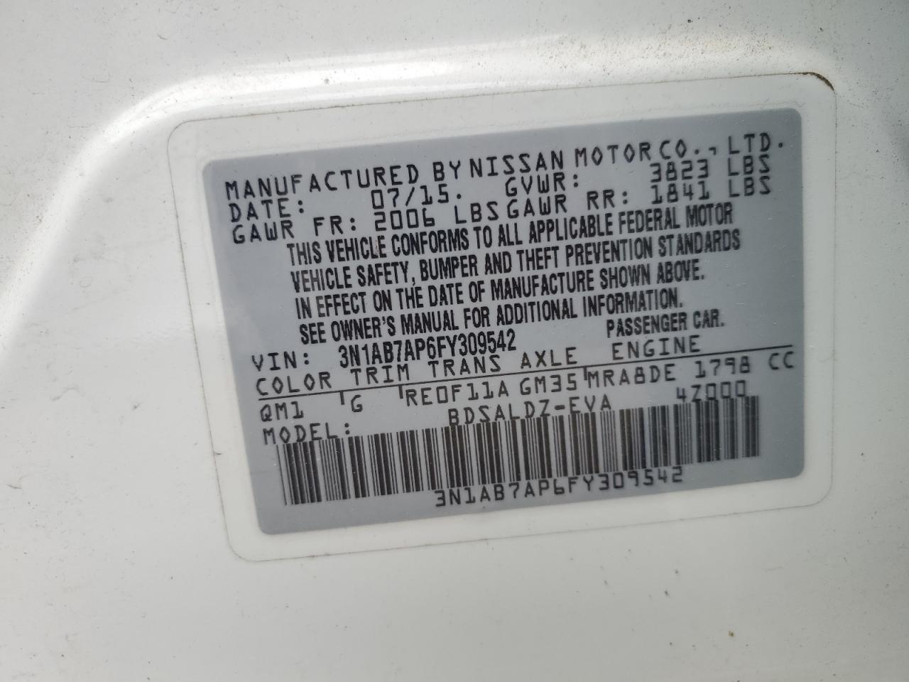 2015 Nissan Sentra S VIN: 3N1AB7AP6FY309542 Lot: 62156725