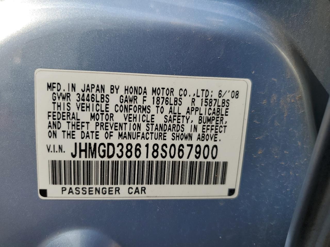 2008 Honda Fit Sport VIN: JHMGD38618S067900 Lot: 61832795